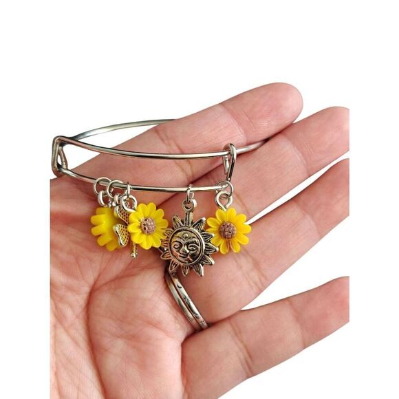 Silver Sunflower Charm Adjustable Bangle Bracelet - Picture 3 of 3